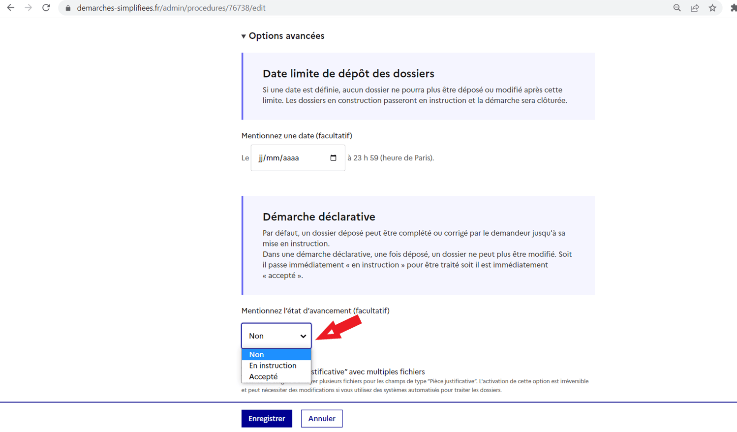 Capture d'écran de la page de configuration de la demarche déclarative